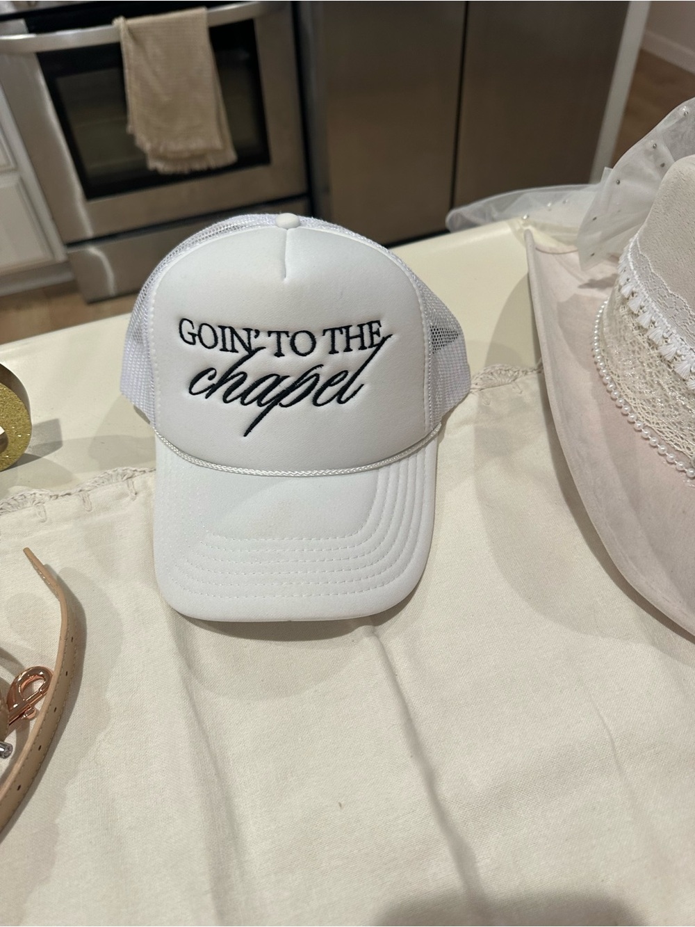 White "Goin' to the Chapel" Embroidered Trucker Hat